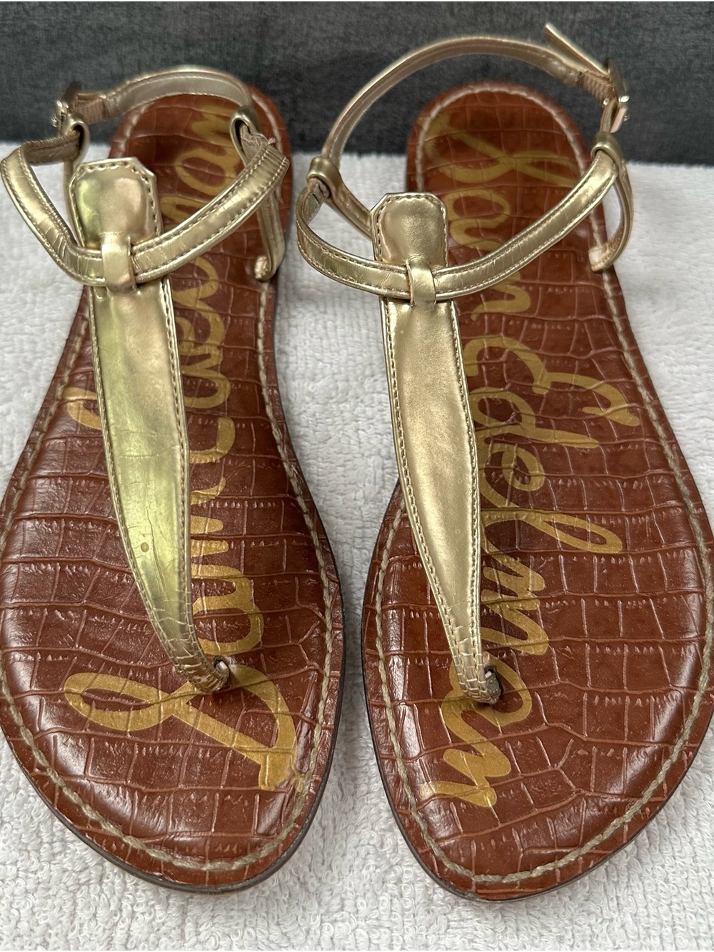 Sam Edelman Gold T-Strap Sandals with Brown Croc Footbed